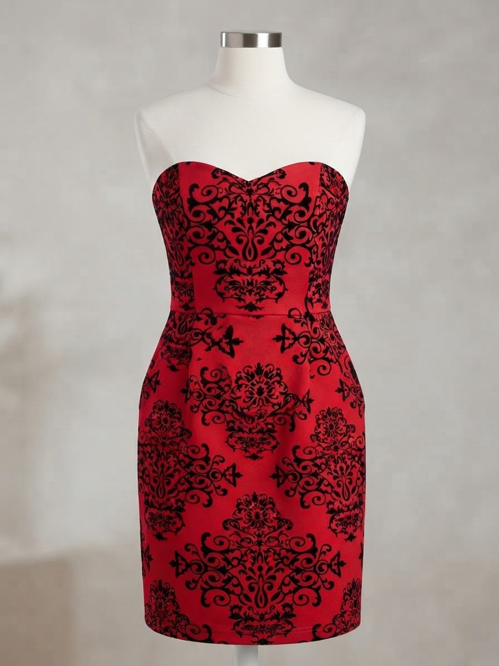 B Darlin Red Strapless Velvet Jacquard Sheath Dress with Black Damask Sz 13/14